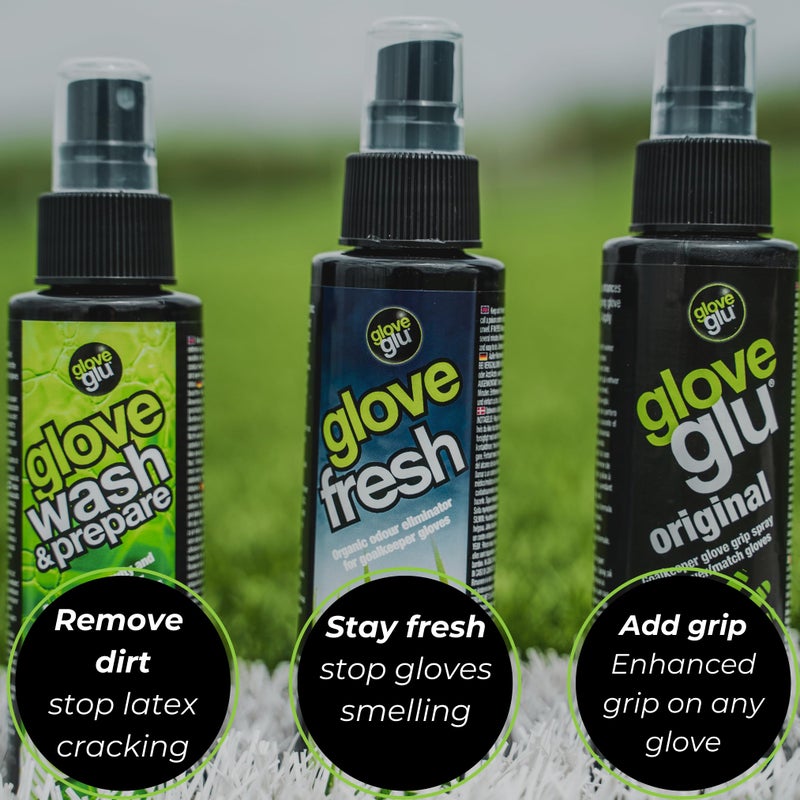 جلوف جلو مجموعة نظام العناية بقفازات حراسة المرمى من gloveglu × 3 - بما في ذلك الغسيل والتحضير بتركيبة حارس المرمى المتميزة 120 مل، قفاز حراسة المرمى بخاخ منعش 120 مل وبخاخ تركيبة حارس المرمى الأصلي 120 مل - Image 2